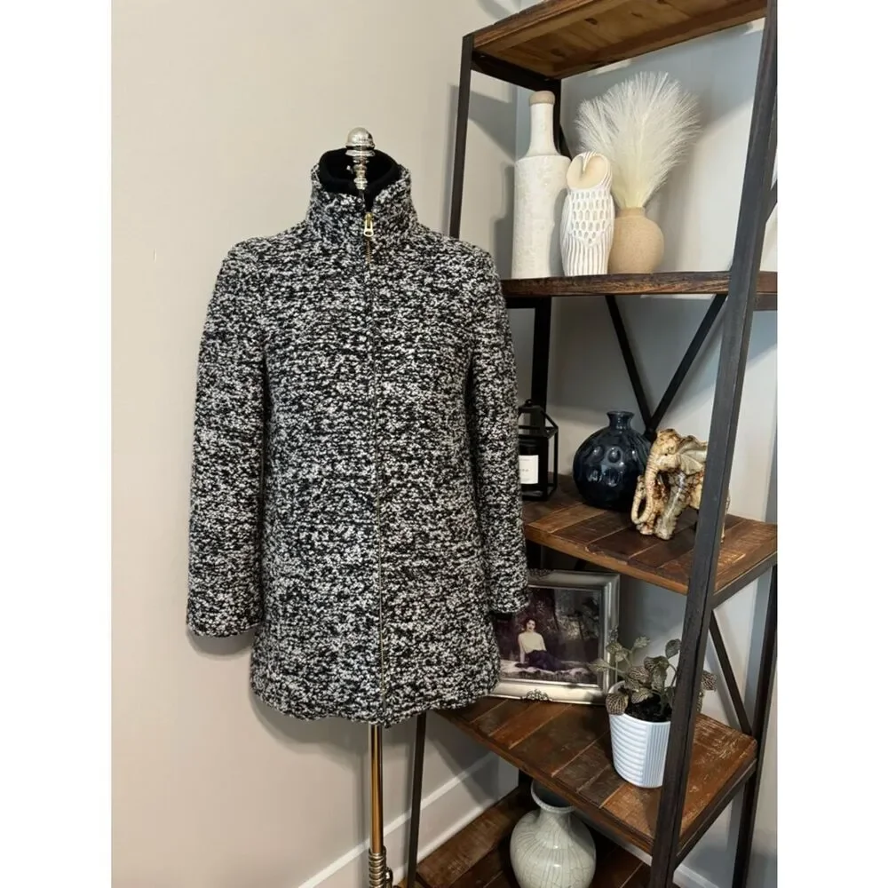 J. Crew Coat Italian Wool Lodge Zip Up in Boucle Speckled Black White Women’s 4